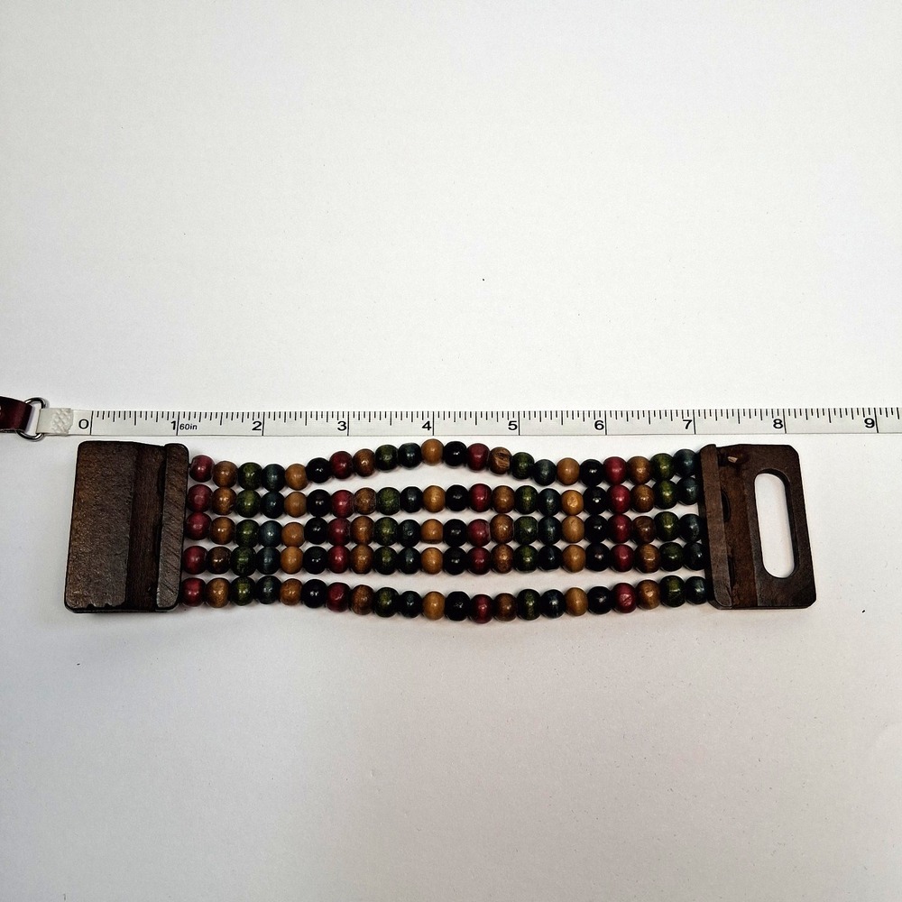 Multi-Color Wood Bead Boho Cuff Bracelet with Carved Wood Buckle Clasp 7.5+" - Picture 7 of 9